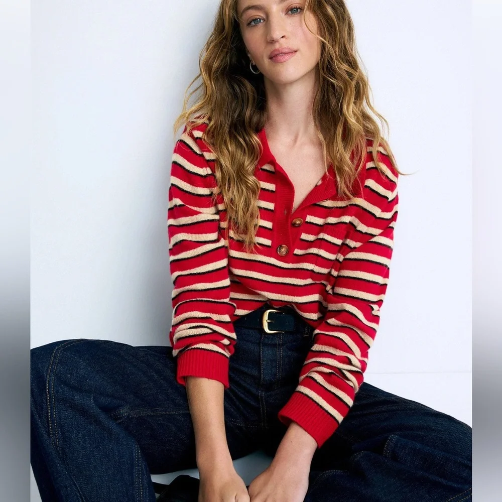 Baum Und Pferdgarten Cori Striped Polo Sweater Merino Wool Red Women’s L